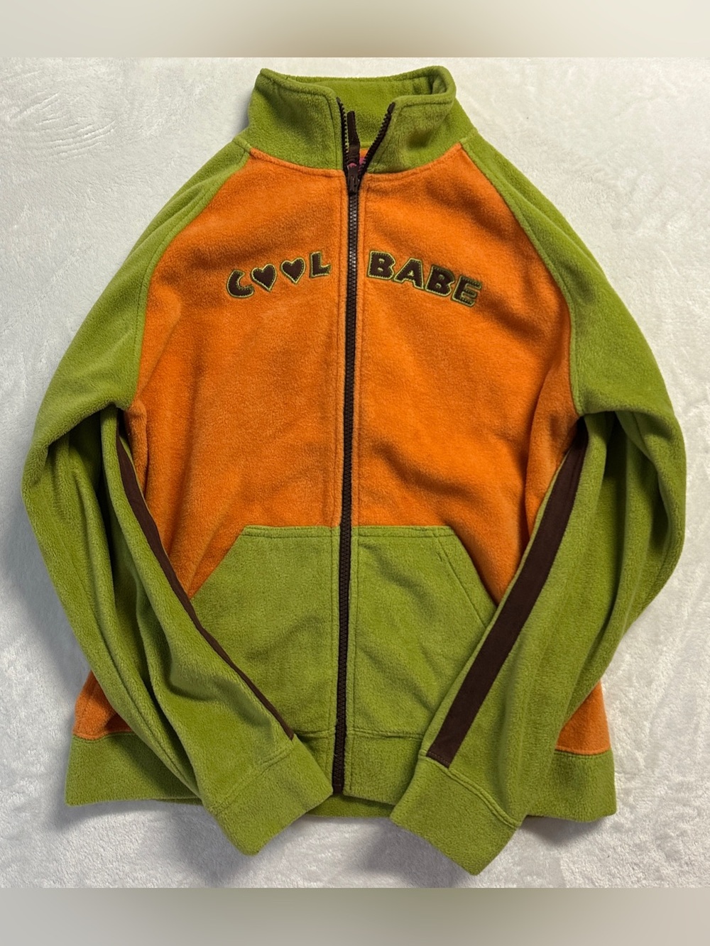 Y2K TIMBUKTOO women's orange green brown "cool babe" fleece full zip sweater, M.